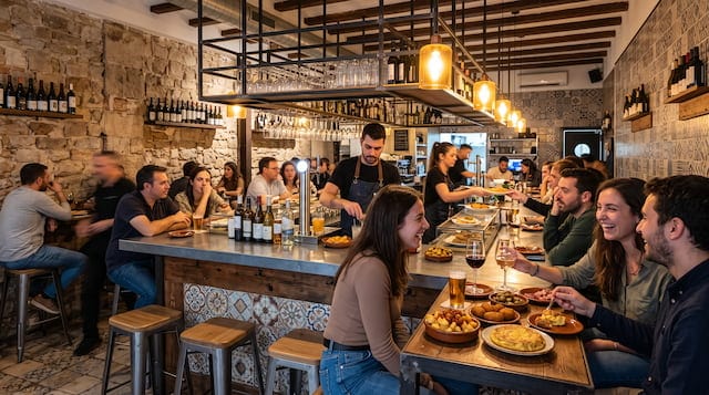 Barra de una neotaberna española con elementos clásicos y contemporáneos